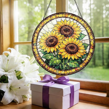 Sunflower Stained Glass Window Hanging - Round Floral Suncatcher with Chain, Colorful Glass Ornament for Home Garden Window Decor Gift, 8 Inch