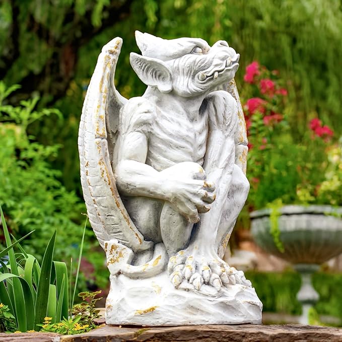 Zaer Ltd. Set of 2 Gothic Gargoyle Garden Statues, 28.4 Inch Tall Outdoor Sculptures (Distressed Gray)