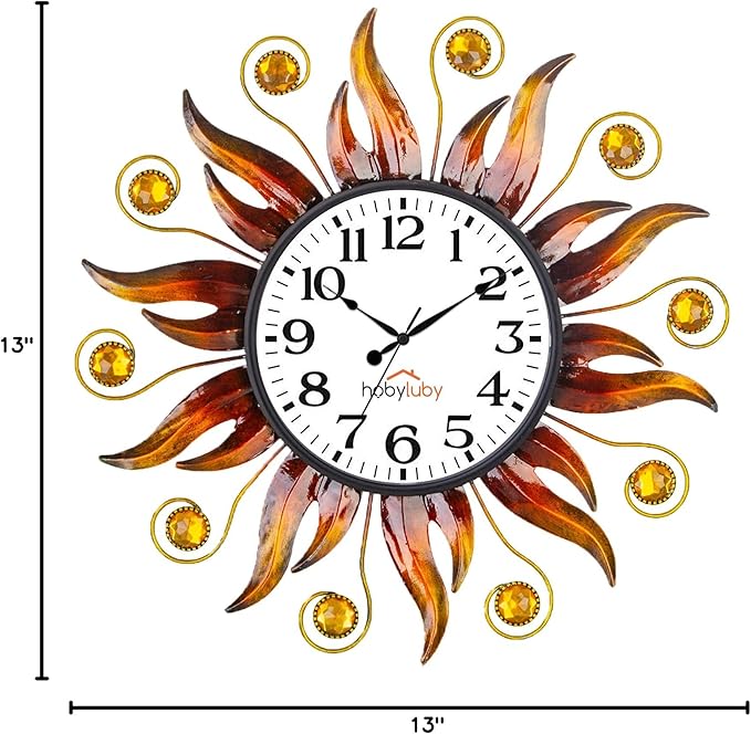 Outdoor Clock Silent Non-Ticking, 13" Sun Outdoor Wall Clock for Patio, Living Room, Home Decor（Orange）