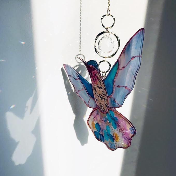 Blue Acrylic Hummingbird Flowers Garden Suncatcher Window Hanging Crystal Prism Rainbow Maker Sun Catcher Ornaments Birthday Christmas Thanksgiving Gifts for Mom Grandma Sister Bird Lovers