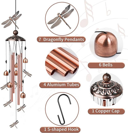 Dragonfly Wind Chimes for Outside, Decorative Wind Chimes with 4 Aluminum Tubes Hanging Bells, Memorial Windchimes Outdoors with S Hook for Patio Garden Decor, Unique Gift for Mom Grandma