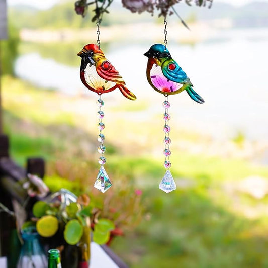 Stained Glass Bird Suncatchers with Crystal Prisms, Rainbow Light Effect Window Hanging Ornament for Christmas Tree, 21.2 Inch Length, Set of 2