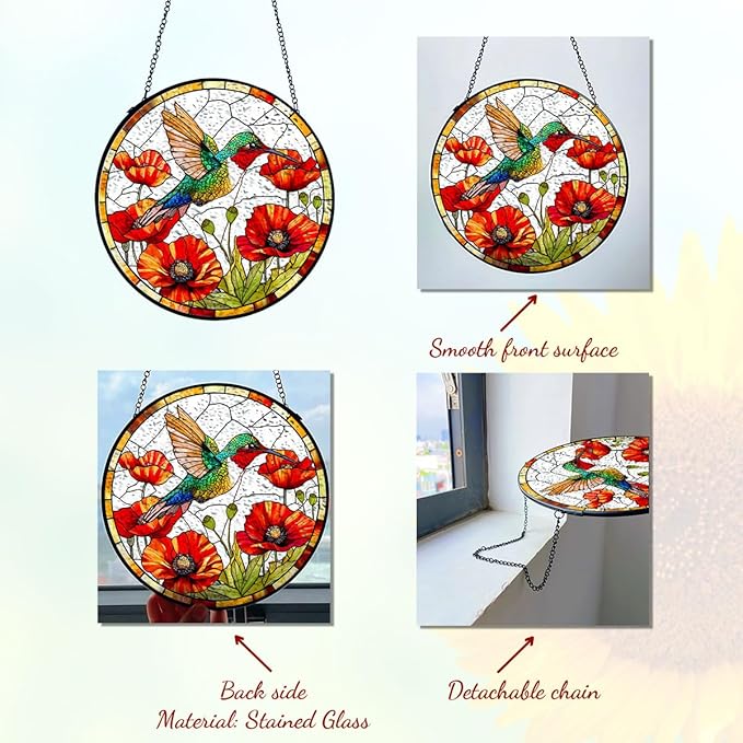 GENANY Hummingbird Stained Glass Window Hanging, Memorial Sun Catcher with Metal Chain and Hook, Spring Ornament Gifts for Women Men, Spring Home Decorations, Bird Themed Housewarming Gifts