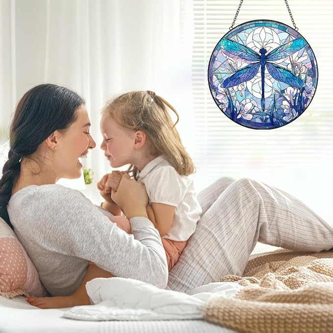 Dragonfly Decor Suncatcher Stained Glass Window Hanging - Handmade Dragonflies Suncatchers for Windows Hanging - Home Garden Sun Catchers Ornament Panel - Mothers Day Birthday Gift for Mom Grandma
