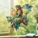 Fairy Stained Glass Acrylic Ornament – Enchanted Forest Fairy with Squirrel, Hanging Window Sun Catcher Decoration, Whimsical Christmas Ornament Gift for Women and Girls (Sun-32)