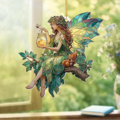 Fairy Stained Glass Acrylic Ornament – Enchanted Forest Fairy with Squirrel, Hanging Window Sun Catcher Decoration, Whimsical Christmas Ornament Gift for Women and Girls (Sun-32)