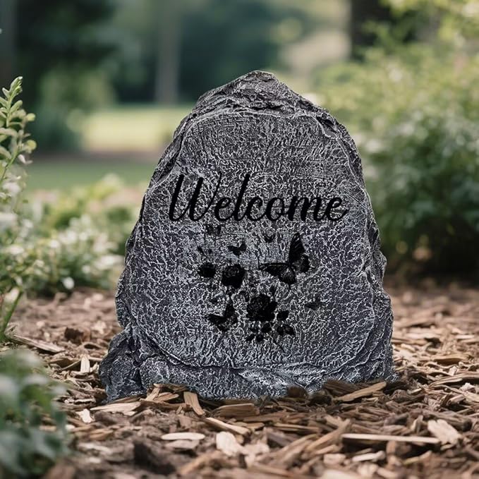 Garden Stone Sculpture with Roses and Butterflies, Solar Resin Outdoor Sculpture, Suitable As A Grave Decoration for Gardens, Lawns, Cemeteries, Memorial Gifts, Home Decoration