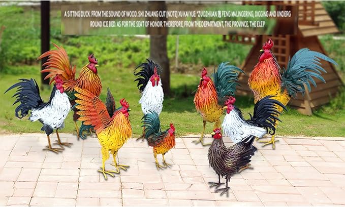 Metal Rooster Decor， Chicken Animal Yard Art Lawn Ornament Figurines Artwork for Outdoor, Patio,Backyard and Home Kitchen Decoration (Multicolor)