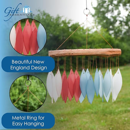 Blue Handworks New England Harbor Glass Chime, Sandblasted Glass and Found Wood Handcrafted Wind Chime