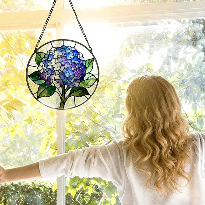 Blue White Hydrangea Flower Stained Glass Window Hanging, Cottagecore Hydrangea Floral Suncatcher Indoor Window Glass Round Wall Art Decor, 7.9x7.9 Inch