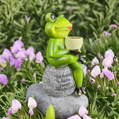 OrnamentallyYou Spring & Summer-Themed Garden Statues – Adorable Outdoor Decor for Lawn, Patio & Porch (Coffee Drinking Frog Garden Statue with Funny Quote)