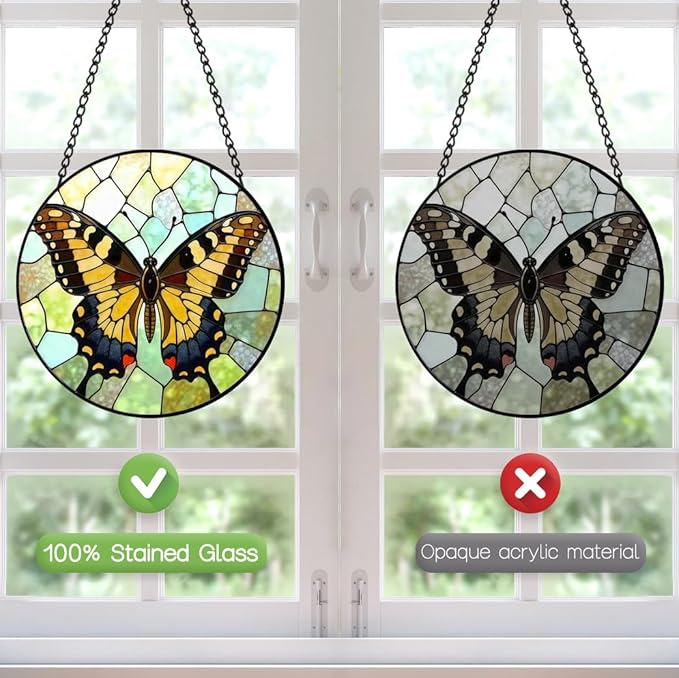 Butterfly Sun Catchers Indoor Window - 8 Inch Stained Glass Window Hanging - Stained Glass Suncatcher - Suncatchers for Windows Hanging - Decoration for Home Garden Mother's Day Birthday Gifts for Mom