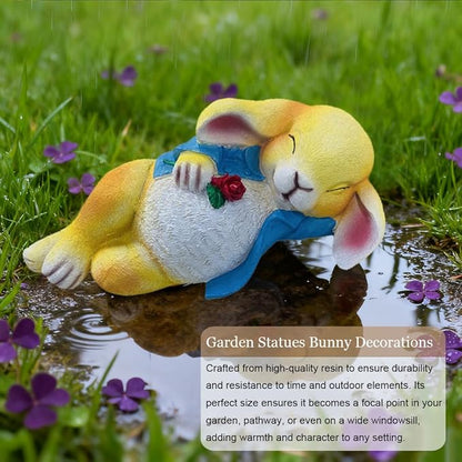 Rabbit Statue Outdoor Decor Garden Sculptures with Bunny Holding Flower Figurines for Home Yard Lawn Ornaments Porch Patio Balcony, Easter Christmas Housewarming Gift for Women Mom Grandma