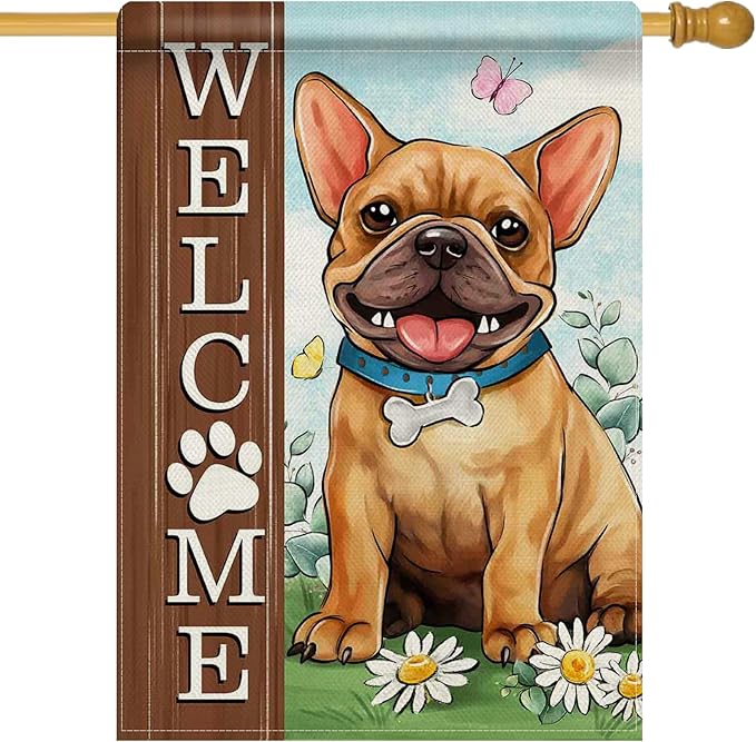 Dyrenson Welcome French Bulldog Dog 28 x 40 House Flag Double Sided, Paw Print Garden Yard Decoration Pet Owner Lover Gift, Spring Summer Burlap Outdoor Decor Decorative Large Flag