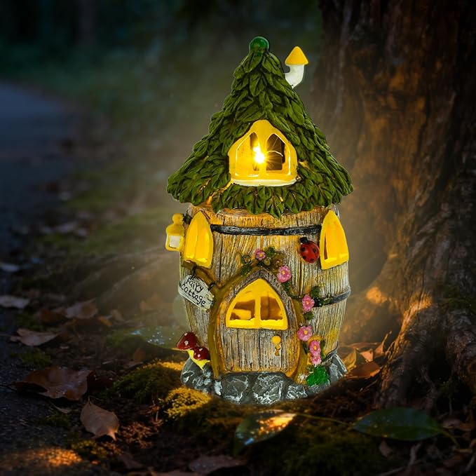 Fairy Garden House with Solar Light, Outdoor Figurine Lights Garden Statues,Yard Decorations Outdoor Fairy Garden Accessories,Decor Gifts for Mom Women,12 Inches, Huge Fairyland House