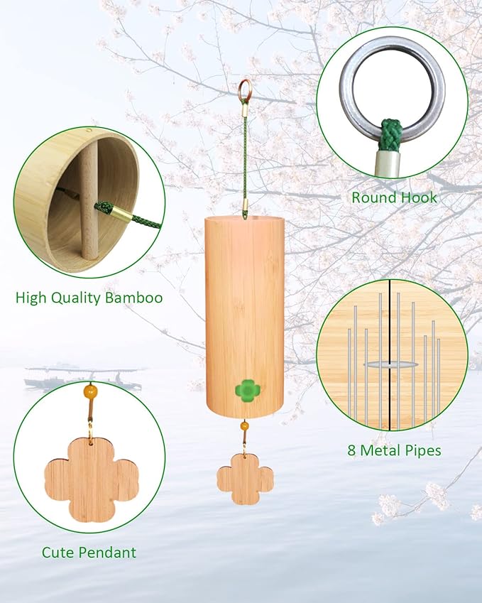 Bamboo Wind Chimes Chime for Sound Healing Meditation and Calming Emotions Classic Home Decoration Good Gift for Family Friends (C-Chord) Green Rope
