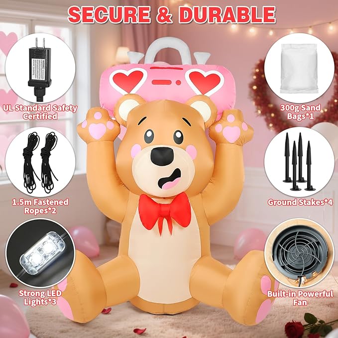 Valentine’s Day Inflatables Outdoor Decorations, 6FT Inflatable Bear Holds a Boombox with LED Lights, Valentines Blow Up Yard Decoration for Valentine Holiday Lawn Garden Indoor Outdoor Decor
