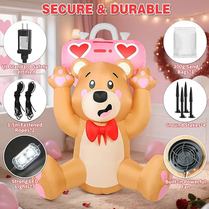 Valentine’s Day Inflatables Outdoor Decorations, 6FT Inflatable Bear Holds a Boombox with LED Lights, Valentines Blow Up Yard Decoration for Valentine Holiday Lawn Garden Indoor Outdoor Decor