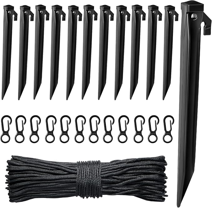 Plastic Inflatable Stakes Set, Include 12PCS Tent Stakes, 12Pcs of Hooks, and 65.5 FT Rope for Halloween Christmas Holiday Inflatables Garden Decorations