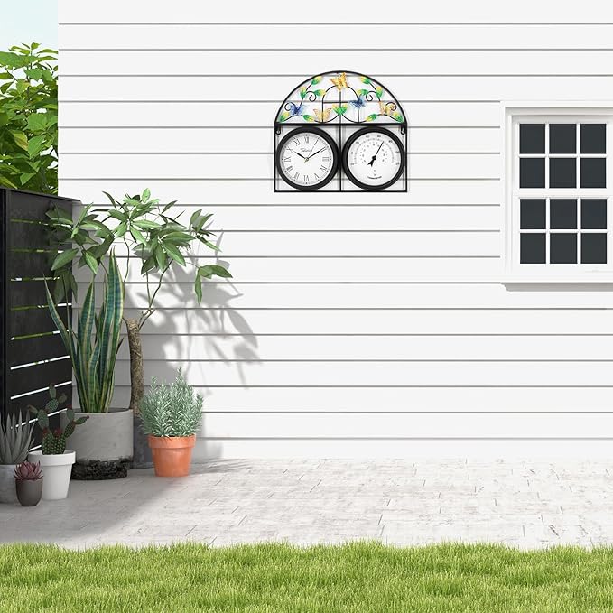 17Inch Large Outdoor Clock,Waterproof Wall Clock with Thermometer,Weatherproof Non-Ticking Quartz Battery Operated Decor Clock for Patio,Garden,Pool,Porch,House Warming Gifts
