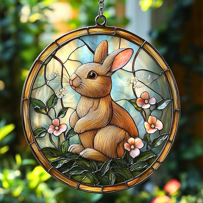 Earthy Tiffany Bunny Floral Art Acrylic Suncatcher Stained Glass Effect Window Car Hanging Christmas Ornament Indoor Outdoor Decor Garden Sun Catcher Panel for Easter Lover for Women Mom Grandma
