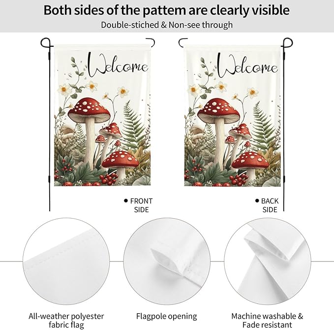 Mushrooms and Fern Garden Flags 12×18 Inch Welcome Double Sided Decorative Yard Banner Seasonal Flag for Outdoor Outside Decor