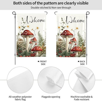 Mushrooms and Fern Garden Flags 12×18 Inch Welcome Double Sided Decorative Yard Banner Seasonal Flag for Outdoor Outside Decor