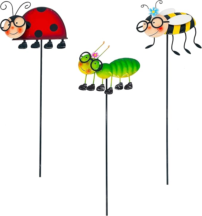 Metal Garden Stakes Set of 3, Hand Painted Insect Yard Art, Ladybug Bee Caterpillar Outdoor Decor, Colorful 3D Lawn Ornaments, Floor Mount Patio Decoration