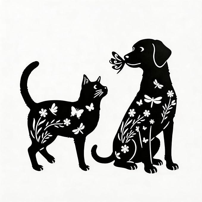 Black Metal Cat&Dog Silhouette Garden Stakes,Decorative Garden Stakes,Pet Memorial Grave Markers for Dogs&Cats,Outdoor Yard Art Decor, for Pet Lovers,Yard Art,Patio Lawn Ornaments