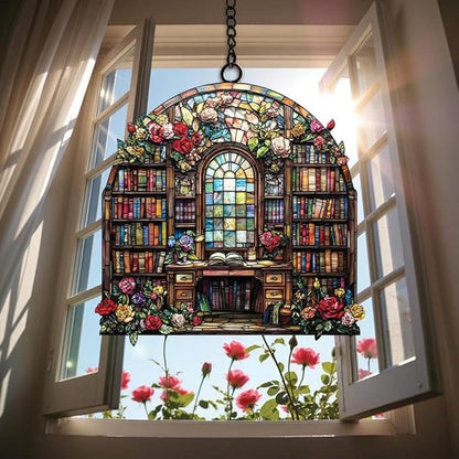 Library Bookshelf Acrylic Suncatcher Window Hanging Faux Stained Glass Book Lover Gift Book and Flowers Wall Hanging Decor Librarian Teacher Gift