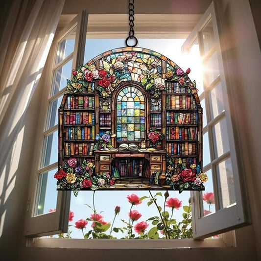 Library Bookshelf Acrylic Suncatcher Window Hanging Faux Stained Glass Book Lover Gift Book and Flowers Wall Hanging Decor Librarian Teacher Gift