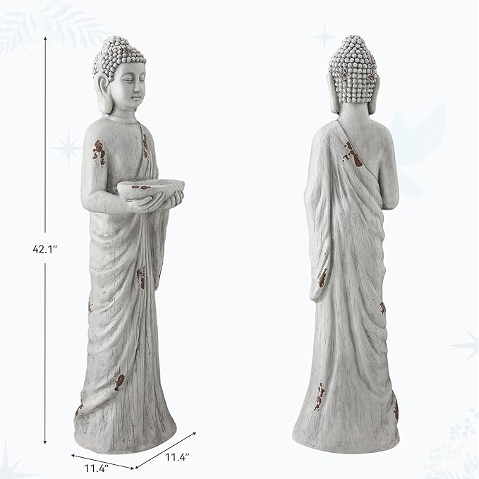 42" Extra-Large Buddha Outdoor Statue with Birdfeeder, Tall Zen Meditative Buddha Figures, Durable Weatherproof MGO Sculpture for Garden, Patio, Yard, Porch or Indoor Home Decor