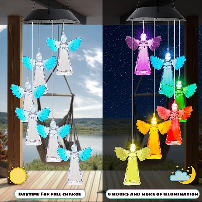MorTime 28" LED Solar Wind Chime, Color Changing Solar Angel Wind Chimes Mobile Hanging Wind Chime for OutsideHome Garden Decoration