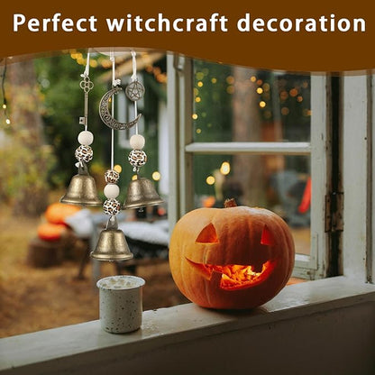 Witch Bells for Door Knob, Boho Hanger Wind Chimes Protection, Witchy Things Bell Strings with 3 Bells, Witchcraft Supplies Door Bell, Vintage Witch Decor for Home Room (Bronze-Colored)