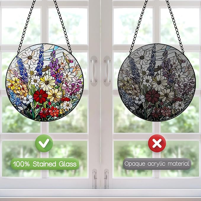 Stained Glass Window Hanging, 8 Inch Wildflower Suncatcher, Flower Sun Catchers Indoor Window, Floral Suncatchers for Windows Hanging, Spring Home Garden Decor Panel Plant Lovers Gifts for Mom Grandma
