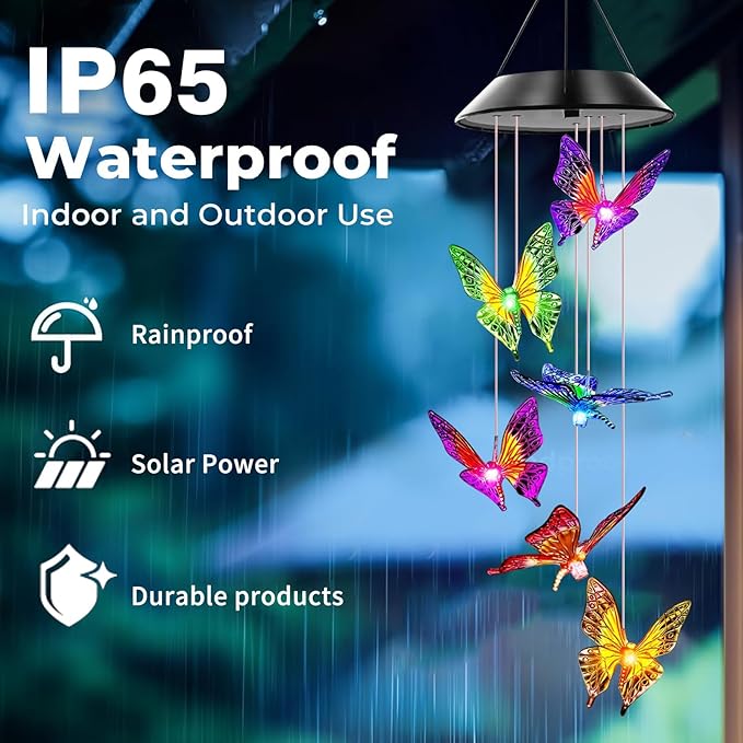 Butterfly Solar Wind Chimes, Butterfly Wind Chimes for Outside,Best Gifts for Mom Grandma Women Wife Aunt Sister, Unique Mobile Wind Chime, Garden Yard Decor