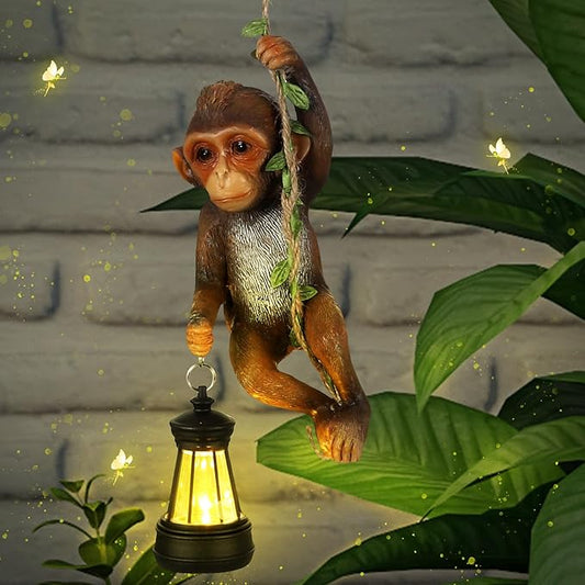 Rossesay Solar Light Outdoor Monkey Statues Brown 7.48 Inch Resin Chimpanzee Baby Monkey Climbing on Vine with LED Lantern Waterproof Hanging Figurine with Hook for Yard Garden Wall