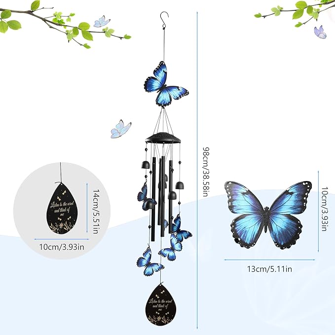 Butterfly Wind Chimes for Outside, Windchimes Outdoors Metal Wind Chimes Butterfly Garden for Patio Porch Backyard