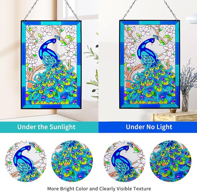 VEWOGARDEN W10 xH15 Peacock Art Glass Suncatcher Hand Painted Stained Glass Window Hangings Panel Decor with Chain