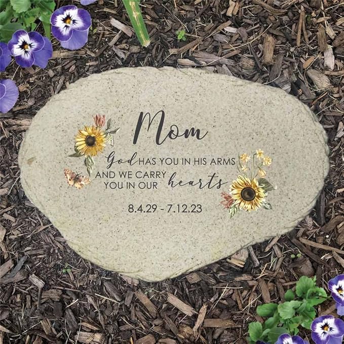 GiftsForYouNow Sunflowers Personalized Memorial Garden Stone, Flat UV Resin Stone, Measures 6" W x 4.5" H, God Has You in His Arms, Loss of Mother, Bereavement Gift