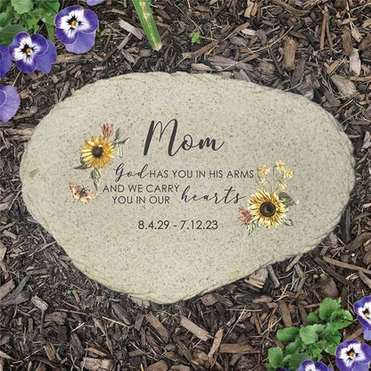 GiftsForYouNow Sunflowers Personalized Memorial Garden Stone, Flat UV Resin Stone, Measures 6" W x 4.5" H, God Has You in His Arms, Loss of Mother, Bereavement Gift
