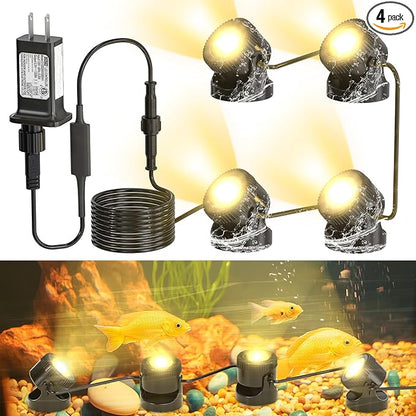 SoulBay Pond Lights LED Underwater, 4 Pack P68 Waterproof Low Voltage Landscape Lighting with 8-Hour Timer Plug for Fountain Fish Tank KOI Pond Water Features Outdoor, Warm White Bright 3200K