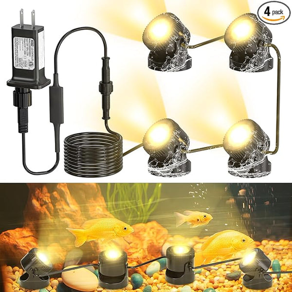 SoulBay Pond Lights LED Underwater, 4 Pack P68 Waterproof Low Voltage Landscape Lighting with 8-Hour Timer Plug for Fountain Fish Tank KOI Pond Water Features Outdoor, Warm White Bright 3200K