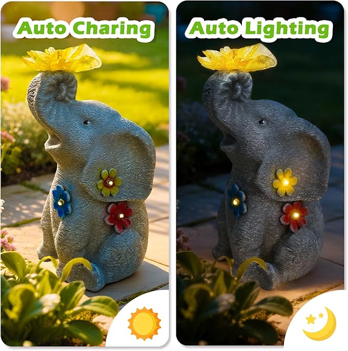 Lucky Elephant Garden Statue with Solar Butterfly Light - Prosperity Figurine with Rustic Finish & Colorful Accents - Waterproof Outdoor Decor for Home Entrance & Patio
