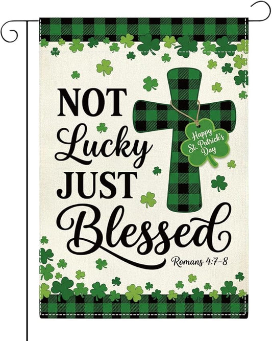 St Patricks Day Irish Blessed Garden Flag Christian Cross Lucky Shamrock Irish March Garden Flag Happy St Patricks Day Double Sided Outdoor House Flag for Outside Yard Decorations 12×18 Inch