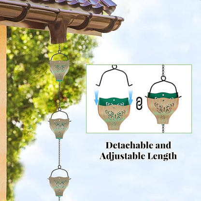 7.8ft Rain Chains for Outside, 8 Cups Copper Plated Lotus Rain Chain Cups, Adjustable Rain Catcher Chain with Bell for Eaves Drainage, Replacement for Downspout (Butterfly+Retro Green)