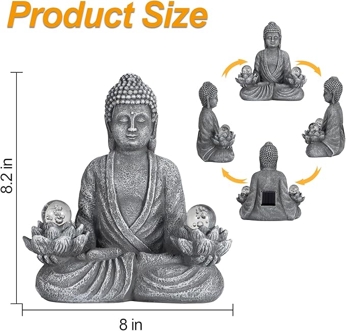 nawaza Buddha Statue Garden 8.2″ Solar Resin for Home Decor Yard Garden Patio Lawn Ornaments, Prayer Spiritual Living Figurine, Decor Outdoor Buddha Figurine Premium Gray