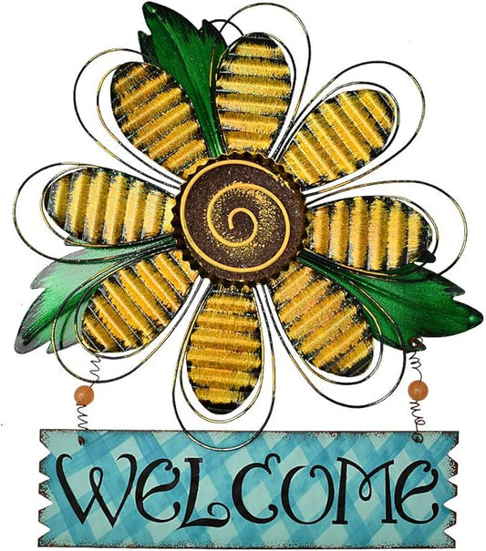 Welcome Sign for Front Door Decor Hanging Sign, Metal Flower Welcome Door Sign Wall Art Decor Hanging for Indoor Outdoor Patio Garden Yard Sign Porch Decoration 15.75X12.75In (B)