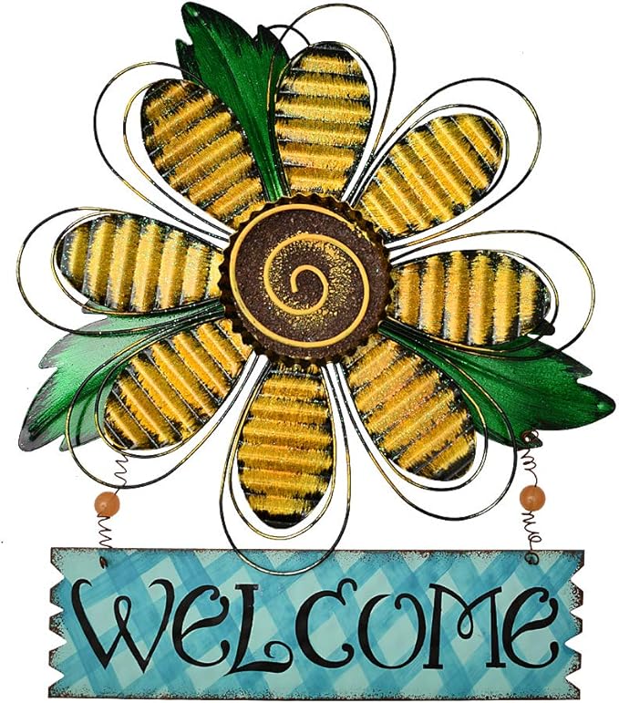 Metal Welcome Sign Daisy Hanging Signs for Front Door - Indoor Outdoor Door Decor Wall Art Flower Decoration Decorative Ornament Wreath for Home Garden Patio (Yellow)
