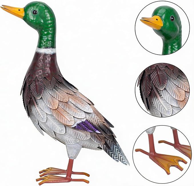 Shorayn Metal Duck Garden Statue, Life-Size Iron Mallard, Handmade Greenhead Duck Yard Decor, Indoor Outdoor Ornament, Gift for Housewarming/Mother’s Day/Christmas